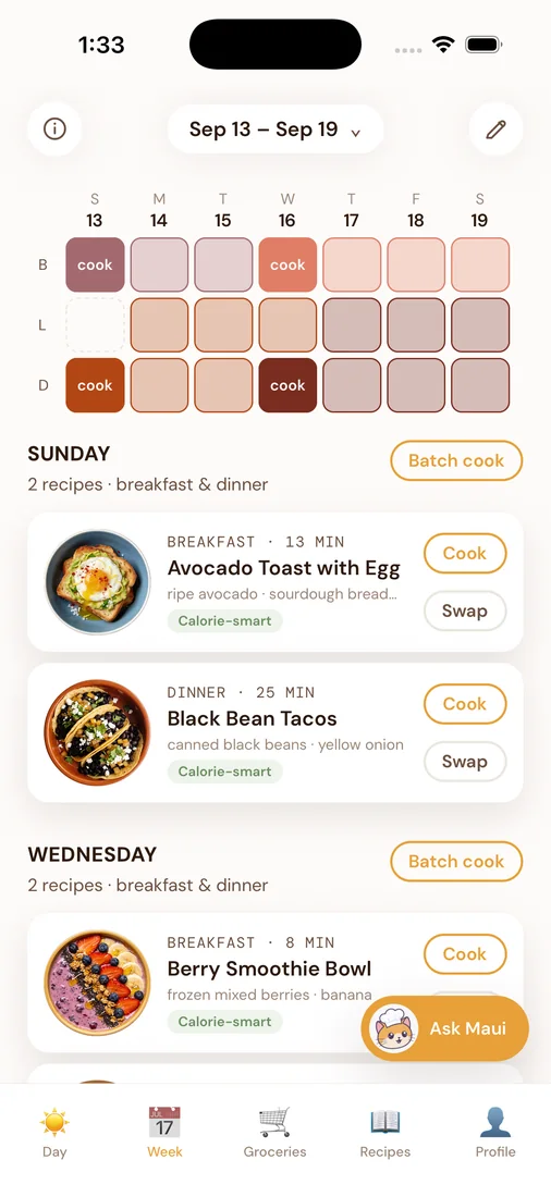 The Week tab, with breakfast, lunch and dinner laid out on the grid